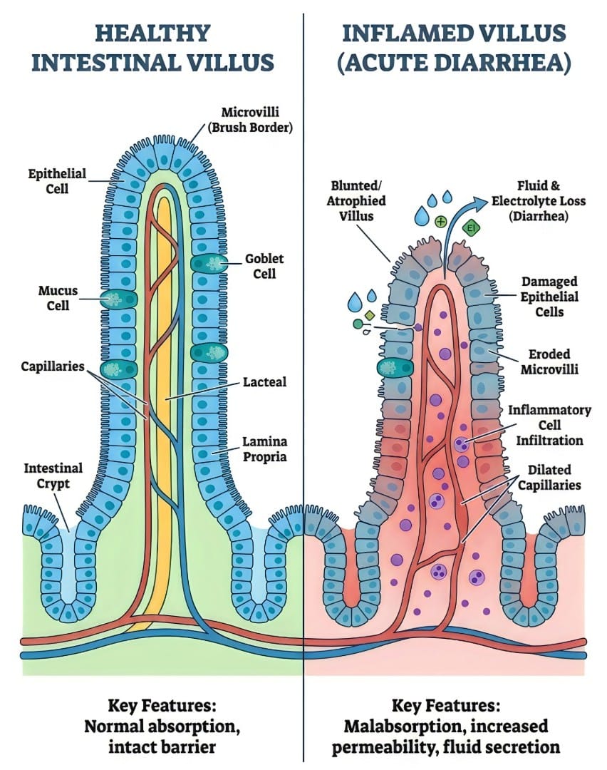 Showing one normal villus and another unhealthy villus