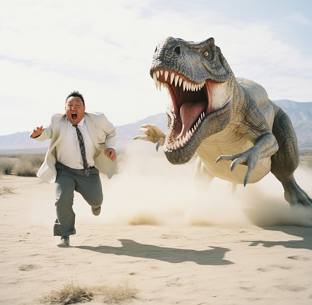 Hombre huyendo de un dinosaurius