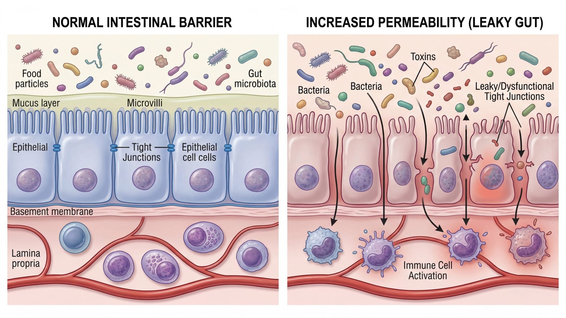 Comparing a normal intestinal barrier with an increased permeability
