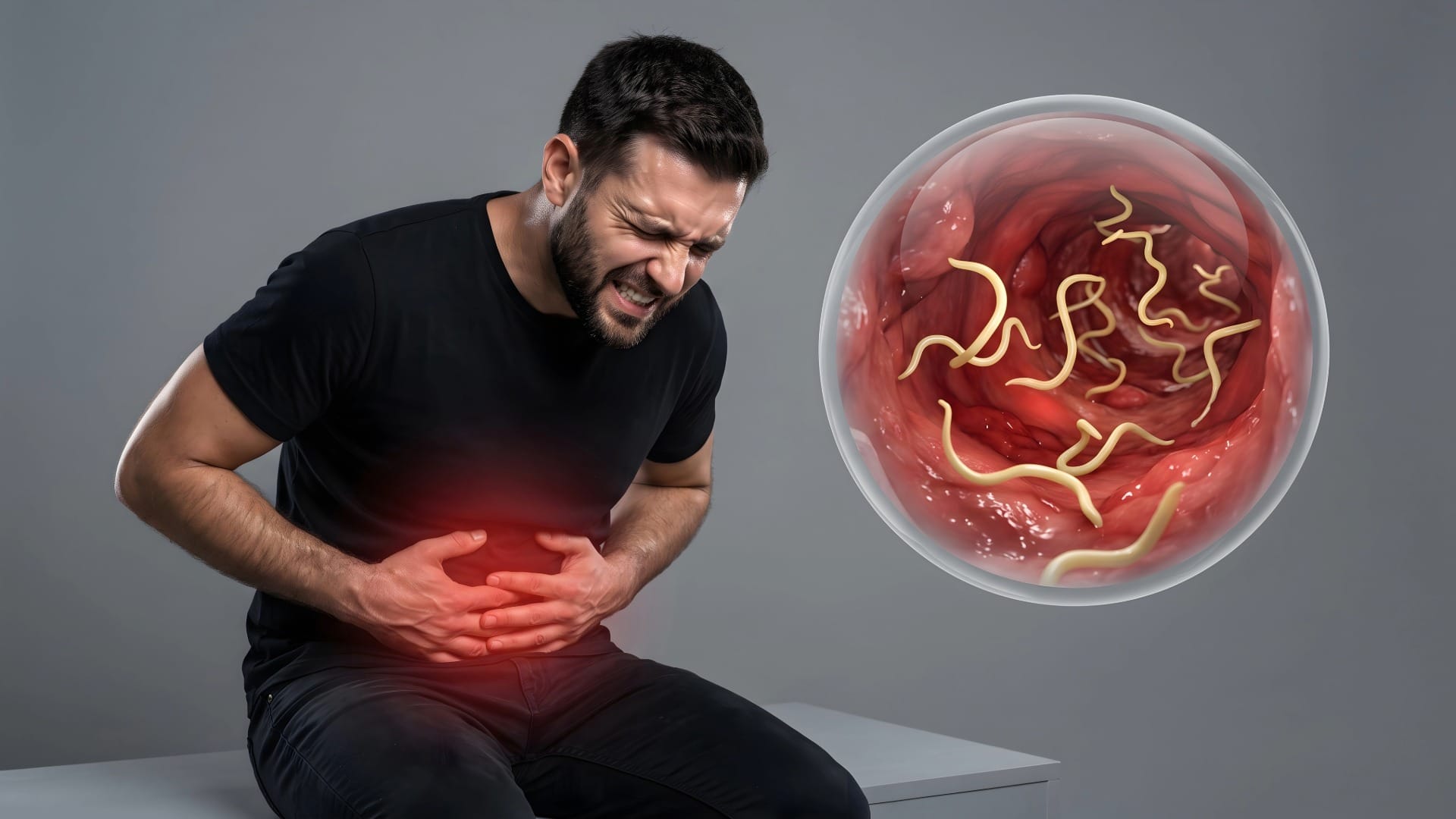 Hombre retorciéndose de dolor por parásitos intestinales
