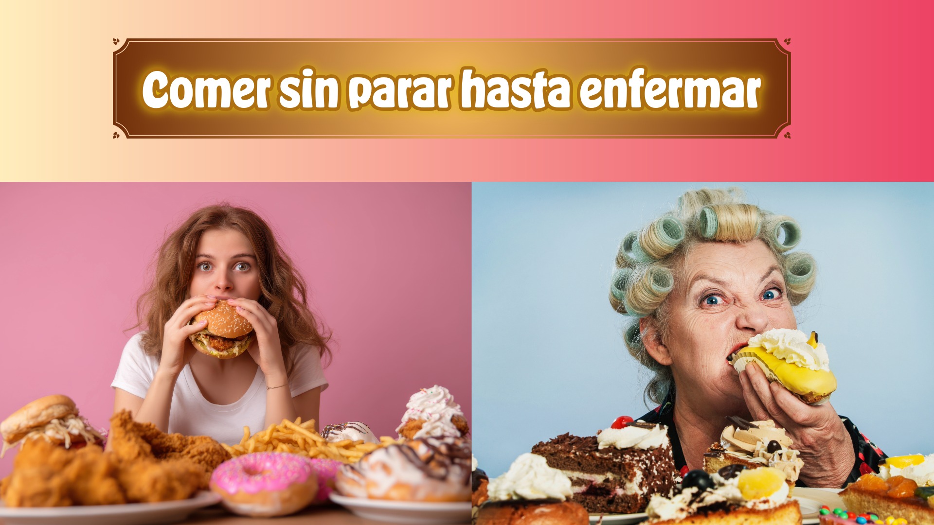Mujer joven y mujer anciana comiendo mucha comida no saludable