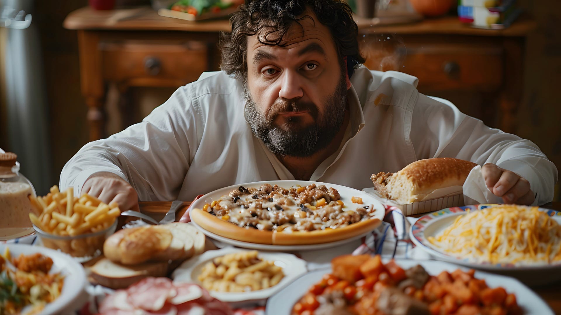 Hombre comiendo banquete de ultraprocesados