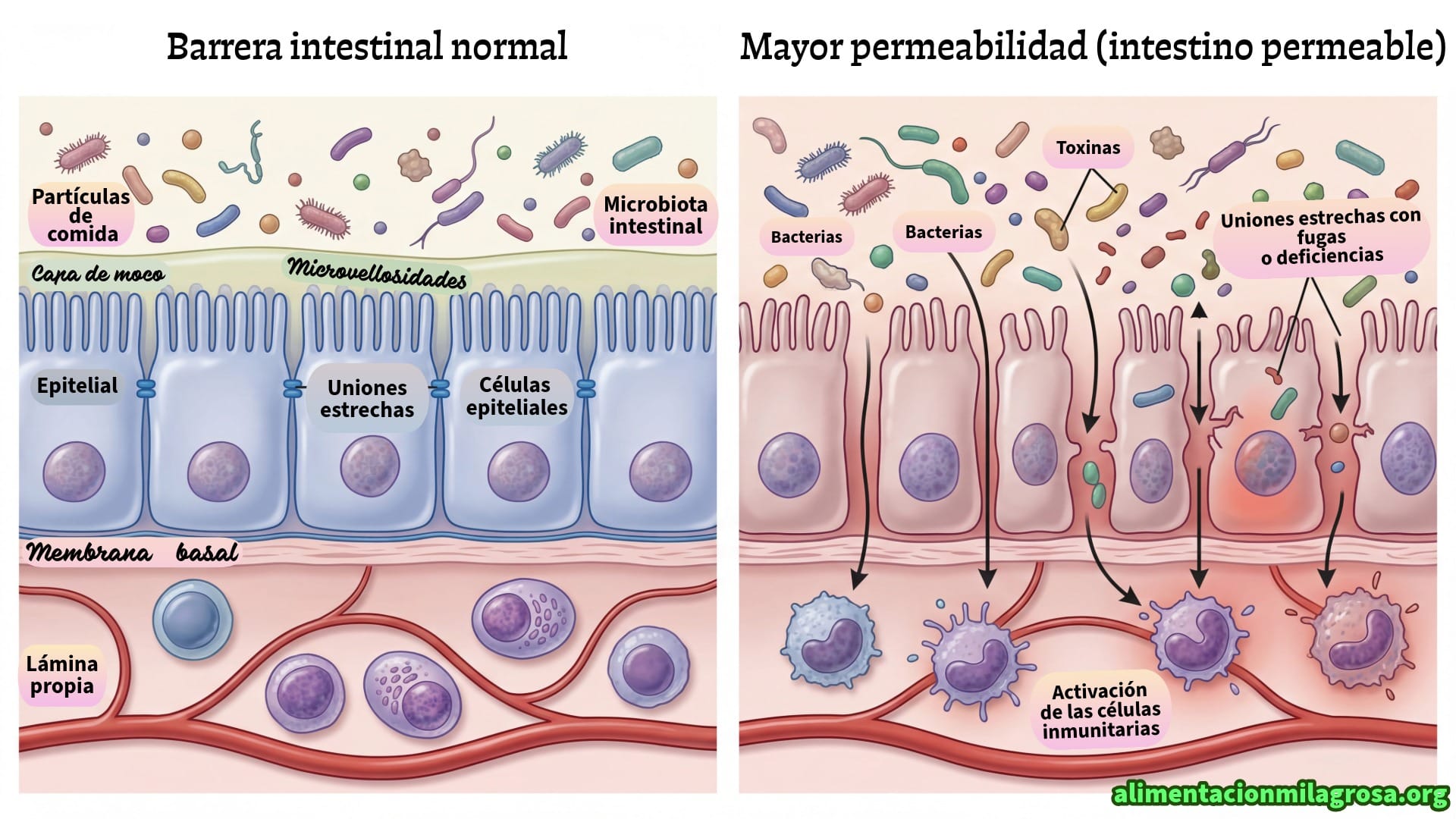 Comparación de un intestino normal con otro que tiene permeabilidad intestinal