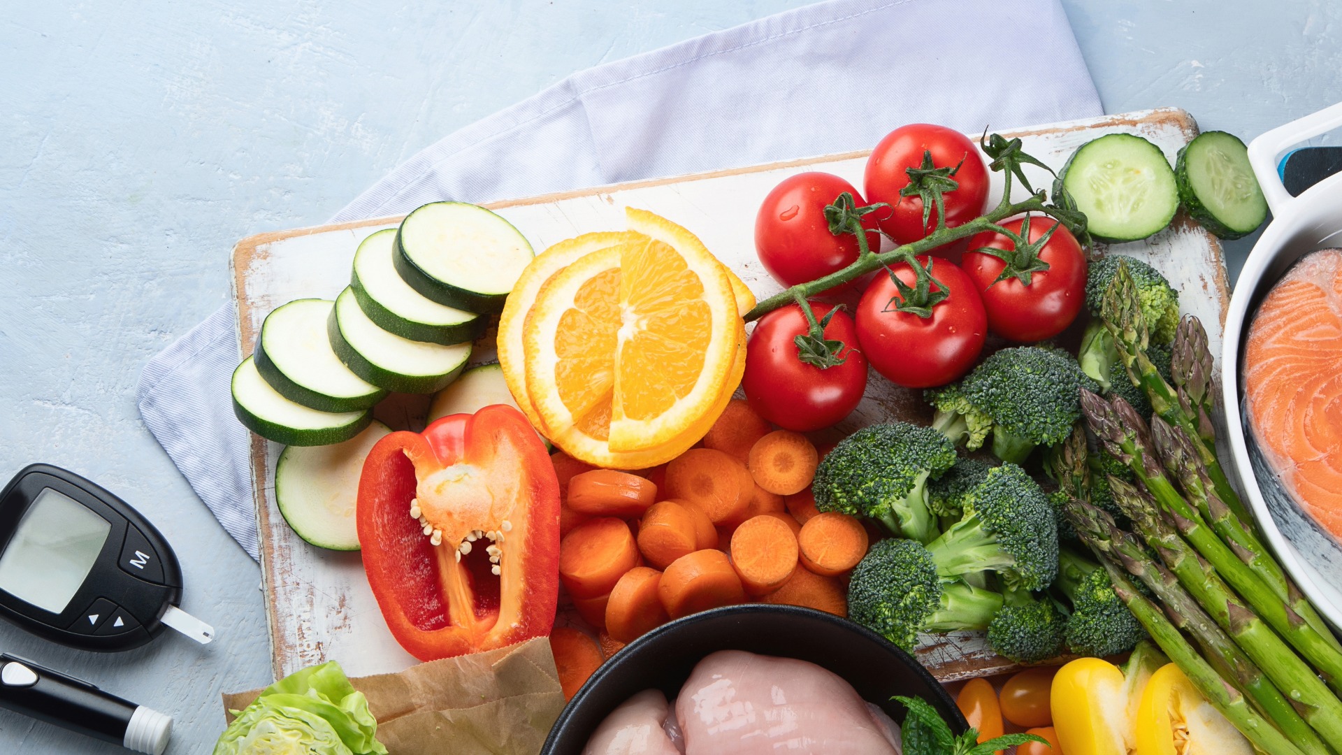 Vegetales, carnes y glucómetro